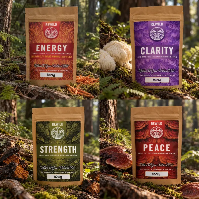 REWILD Energy, Clarity, Strength and Peace powder pouches together