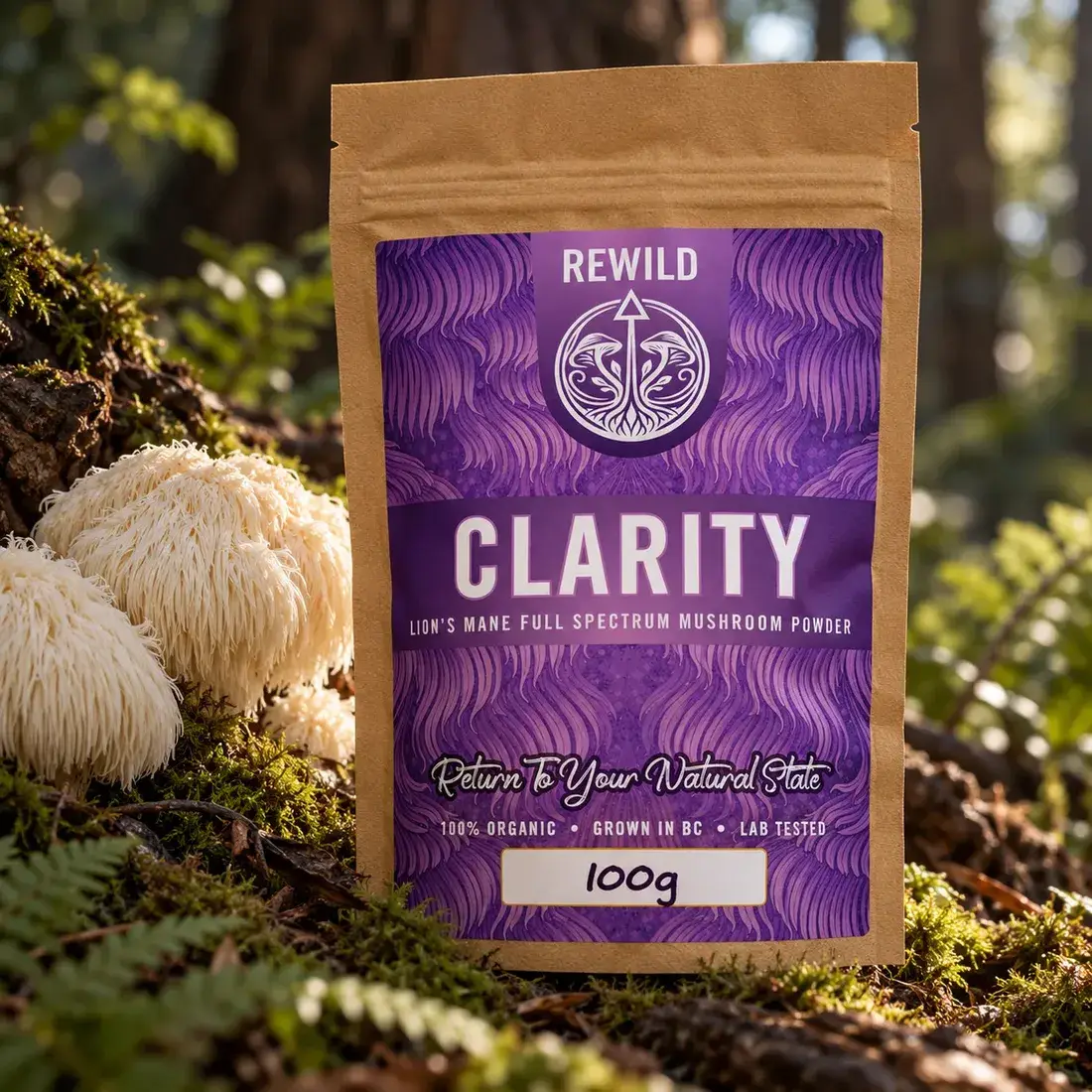REWILD Clarity Lion's Mane powder pouch beside fresh Lion's Mane mushrooms