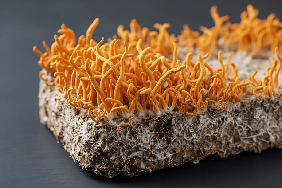 Bright orange Cordyceps militaris fruiting bodies growing from a colonized grain block